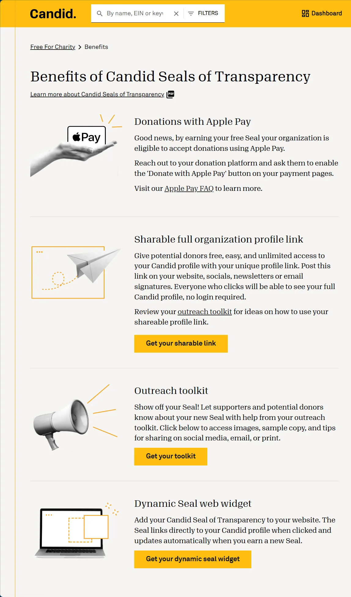 The Benefits of Candid Seals of Transparency page for Free For Charity, listing donations with Apple Pay, the sharable full organization profile link, the outreach toolkit, and the dynamic Seal web widget, each with its own button